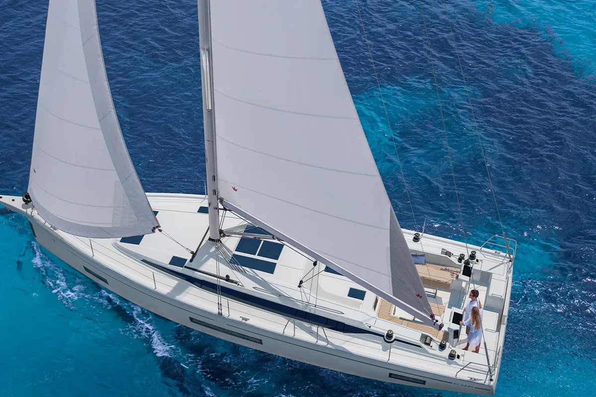 Exterior view of Sueno, a Bavaria C46 sailboat at Fethiye, Turkey