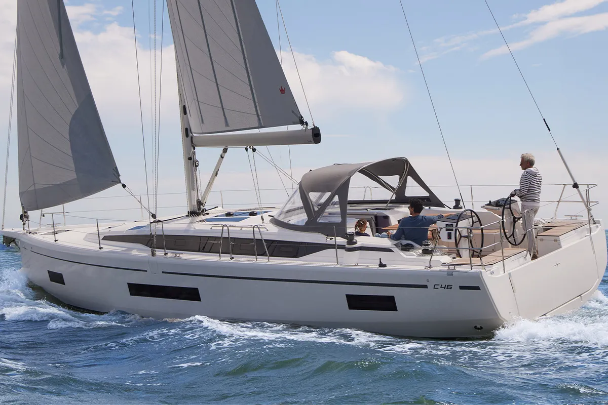 Exterior view of Sueno, a Bavaria C46 sailboat at Fethiye, Turkey