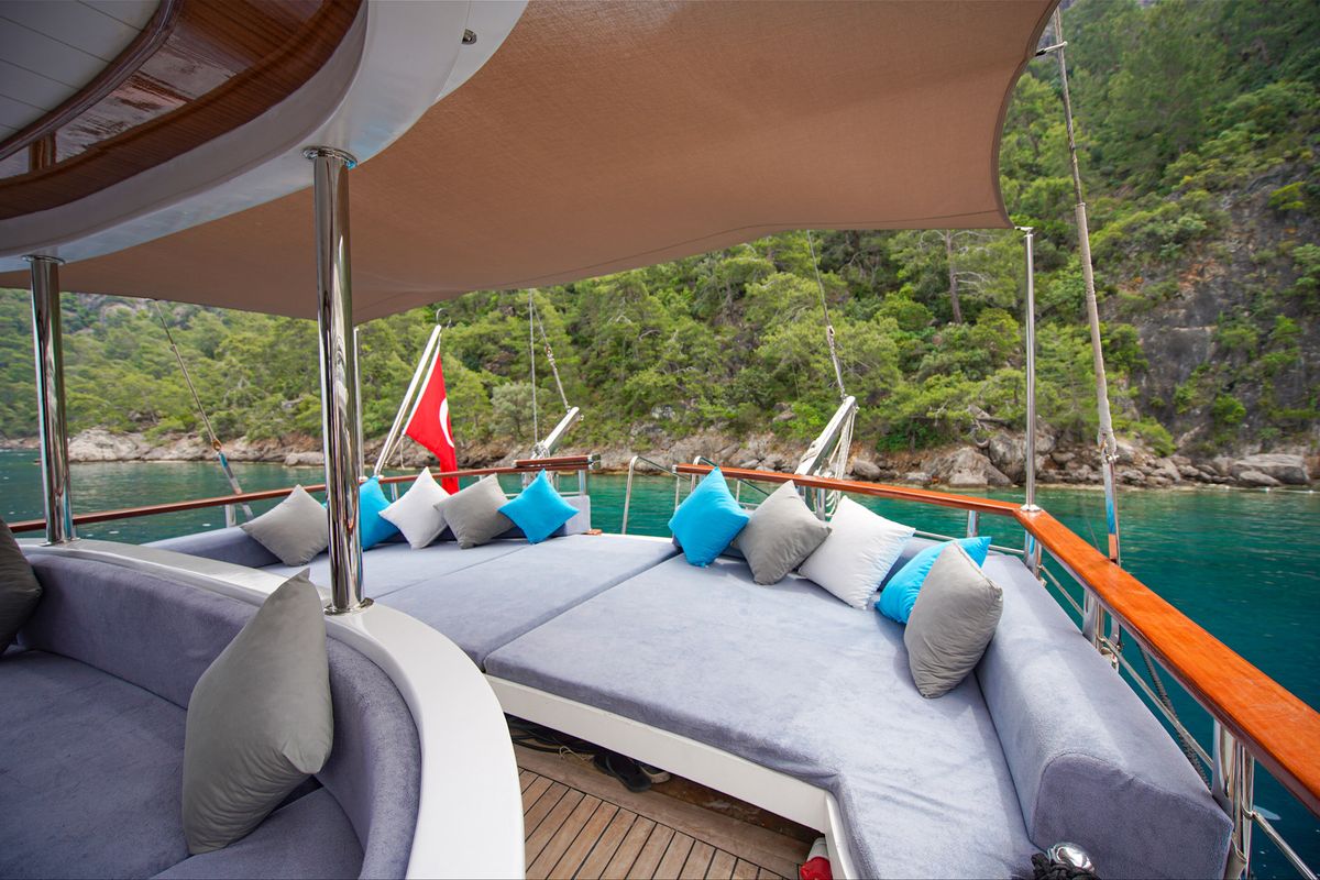 Deck of Queen of RTT, a Gulet Gulet gulet at Marmaris, Turkey