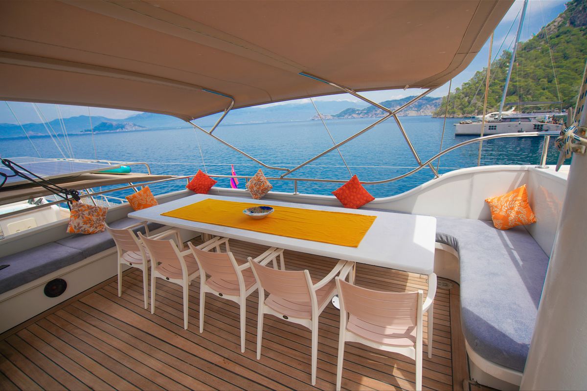 Deck of Queen of RTT, a Gulet Gulet gulet at Marmaris, Turkey