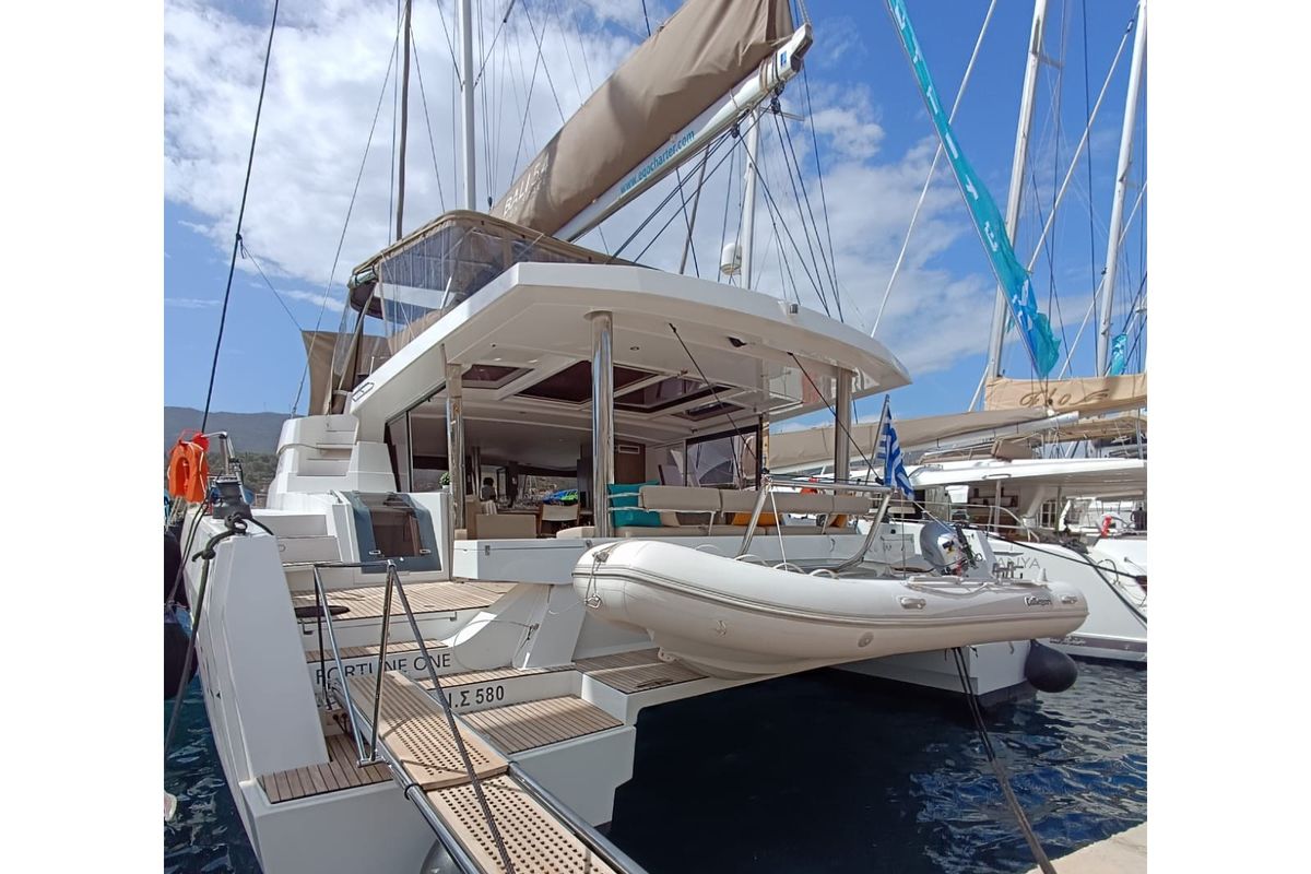 Exterior view of Fortune One, a Bali 5.4 catamaran at Lavreotiki Municipal Unit, Greece