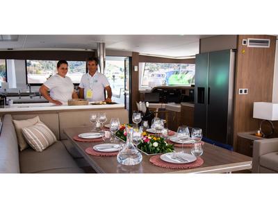 Salon of Fortune One, a Bali 5.4 catamaran at Lavreotiki Municipal Unit, Greece