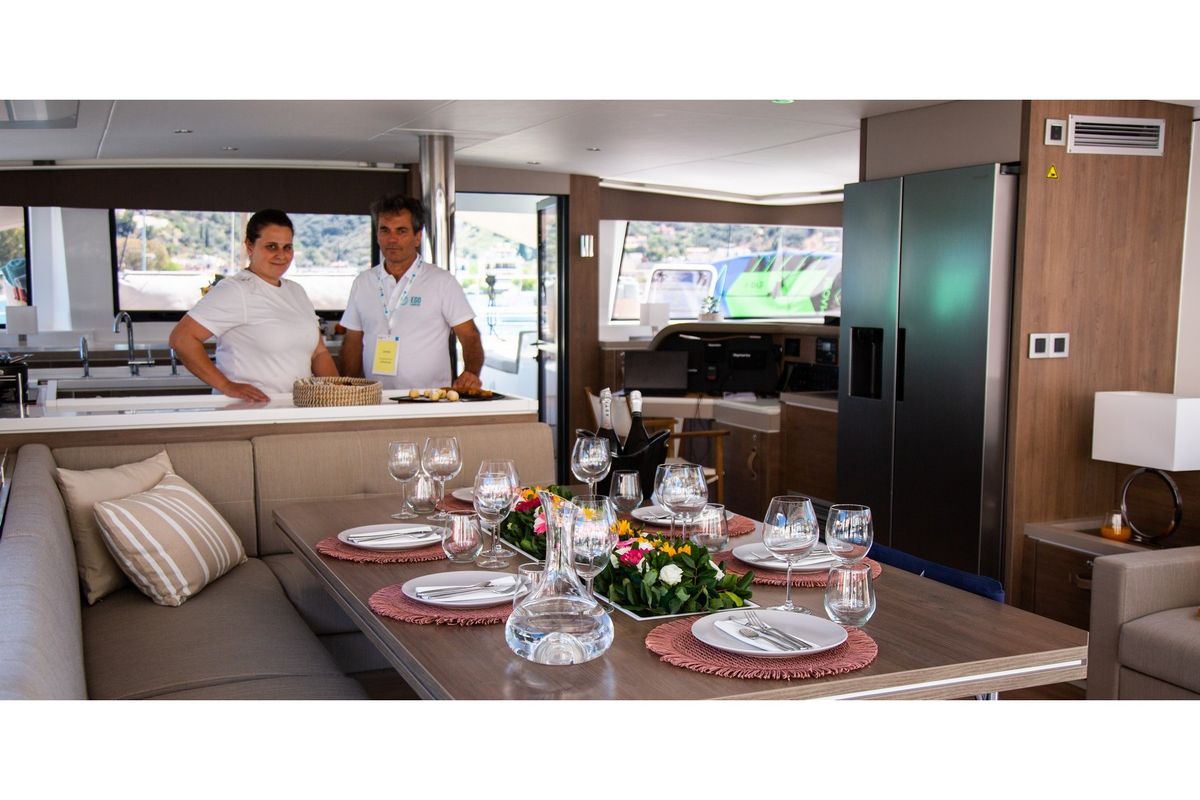 Salon of Fortune One, a Bali 5.4 catamaran at Lavreotiki Municipal Unit, Greece