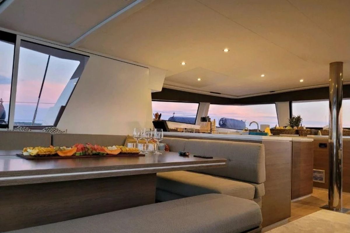 Salon of Fortune One, a Bali 5.4 catamaran at Lavreotiki Municipal Unit, Greece