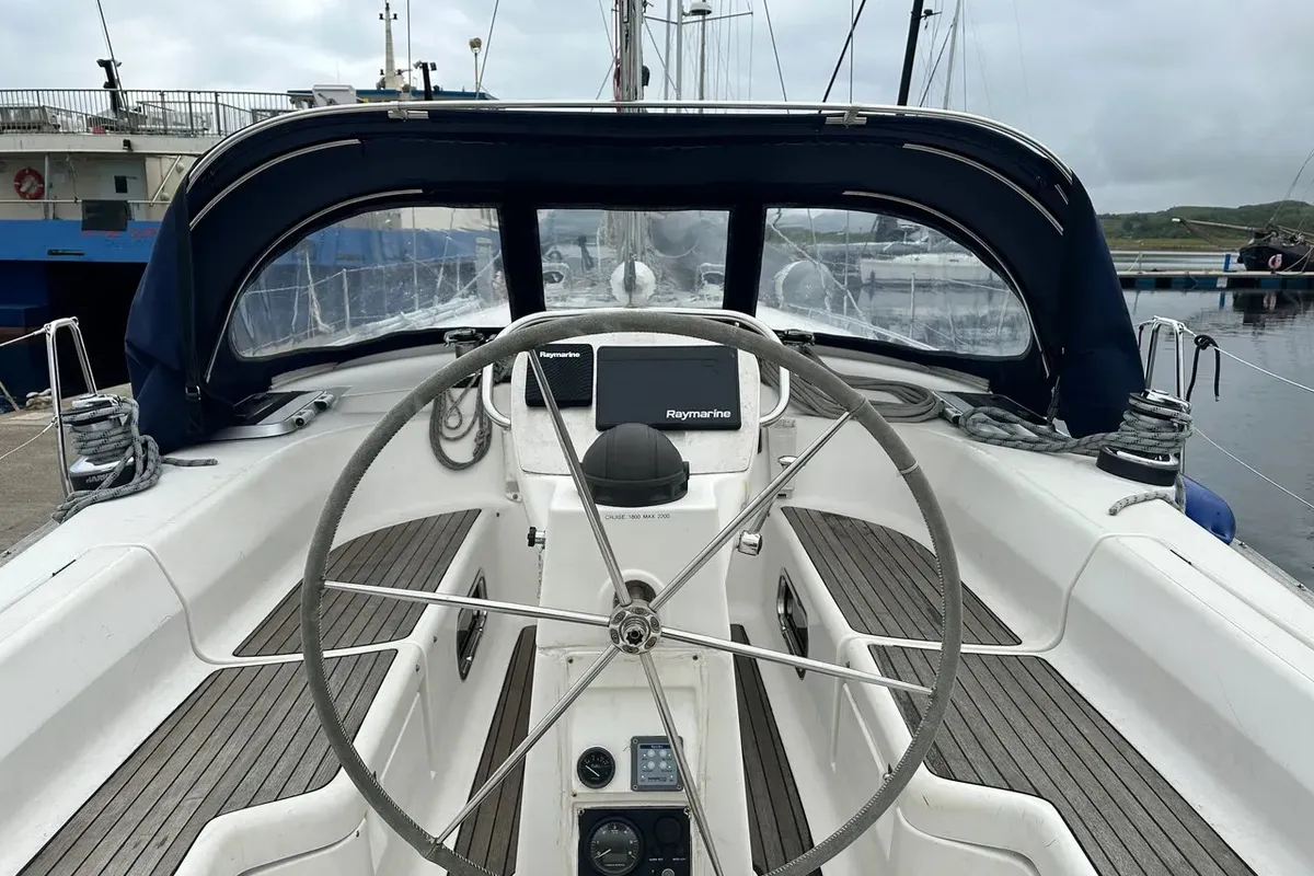 Cockpit of Frolika, a Bavaria 42 Cruiser sailboat at Oban, United Kingdom