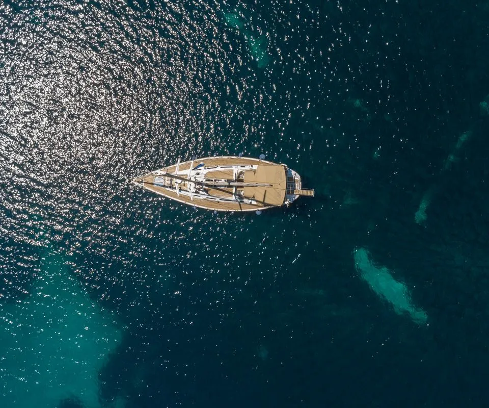 Exterior view of Stavros tou Notou, a Jeanneau 51 sailboat at Flisvos Marina, Greece