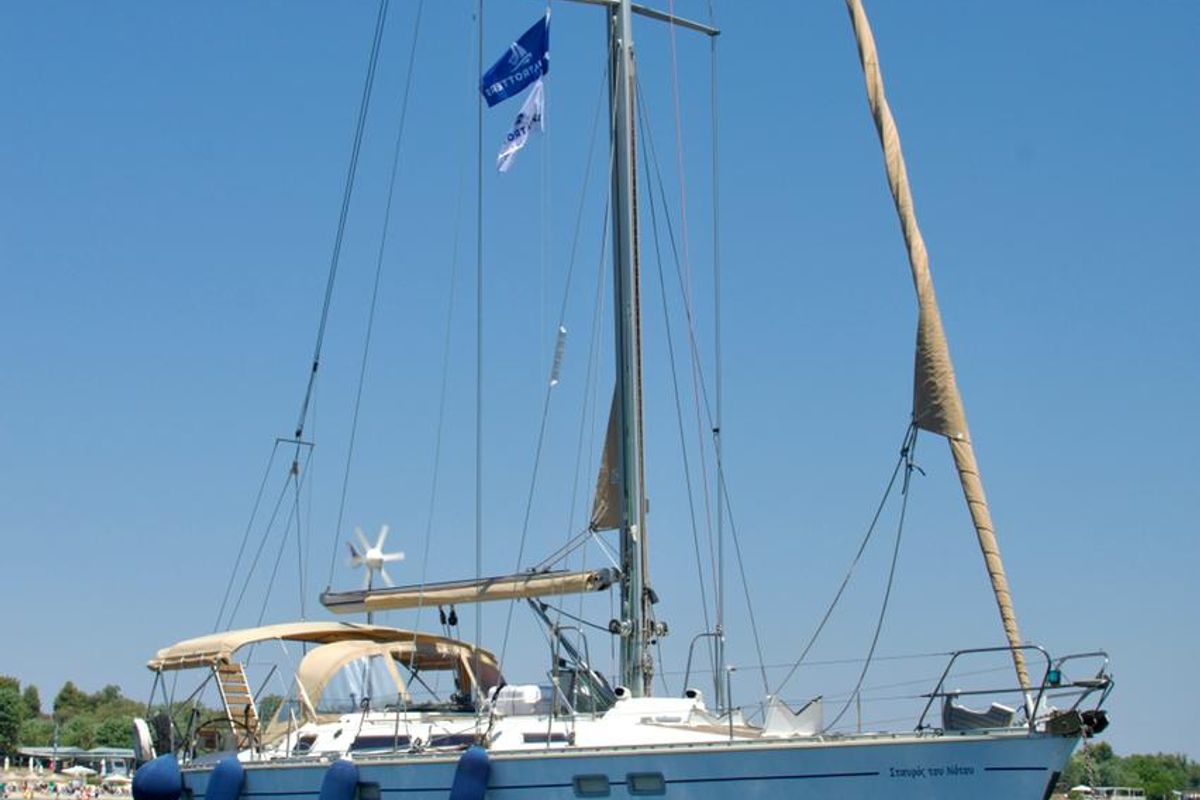 Exterior view of Stavros tou Notou, a Jeanneau 51 sailboat at Flisvos Marina, Greece