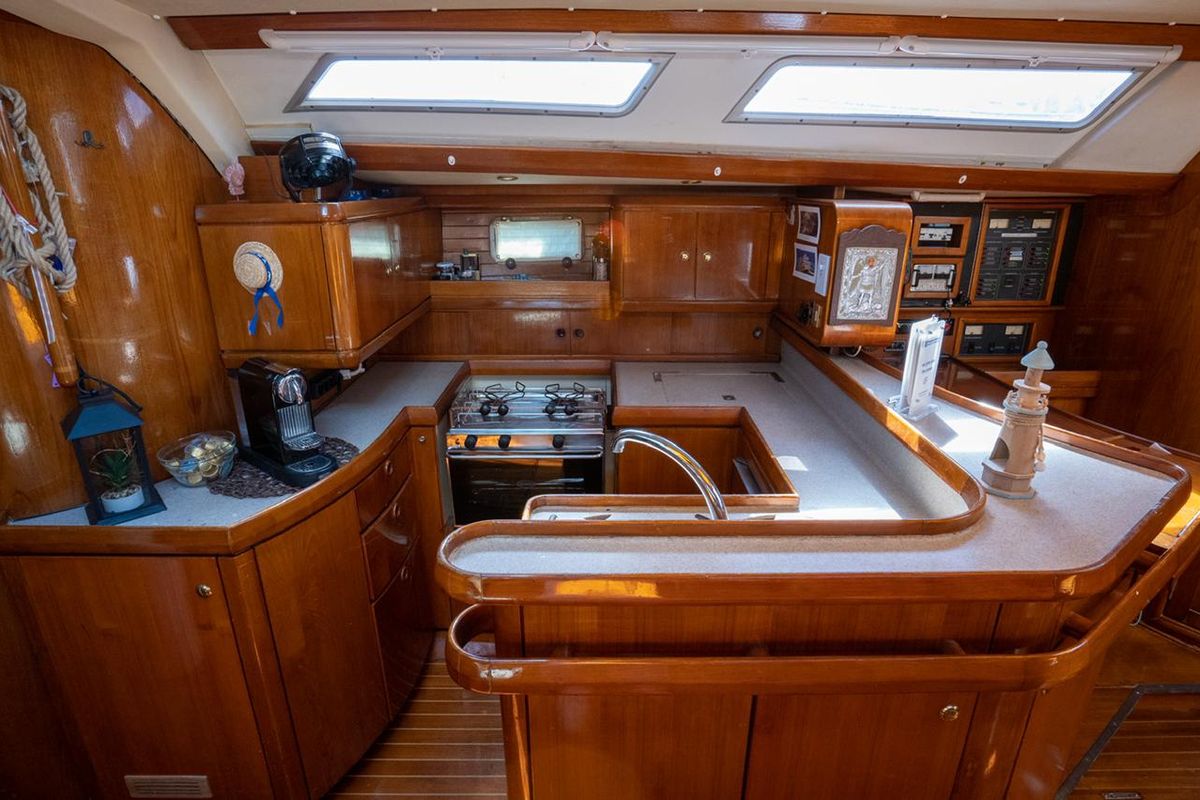 Galley of Stavros tou Notou, a Jeanneau 51 sailboat at Flisvos Marina, Greece