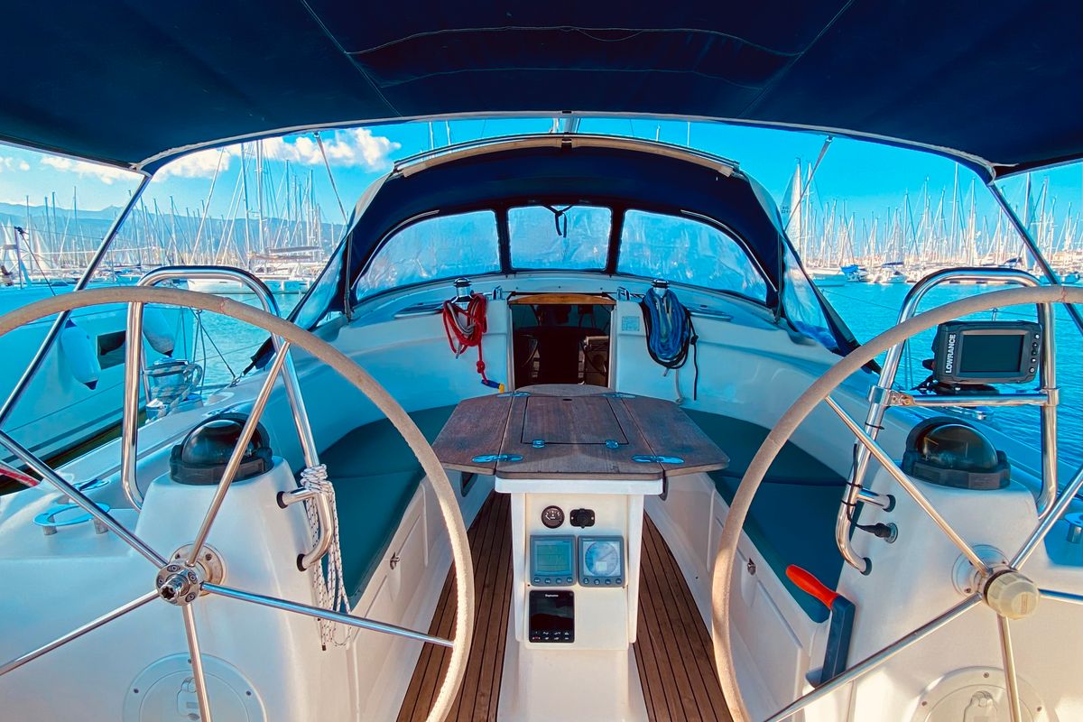 Cockpit of Iro, a Bavaria 42 Cruiser sailboat at Municipal Unit of Lefkada, Greece