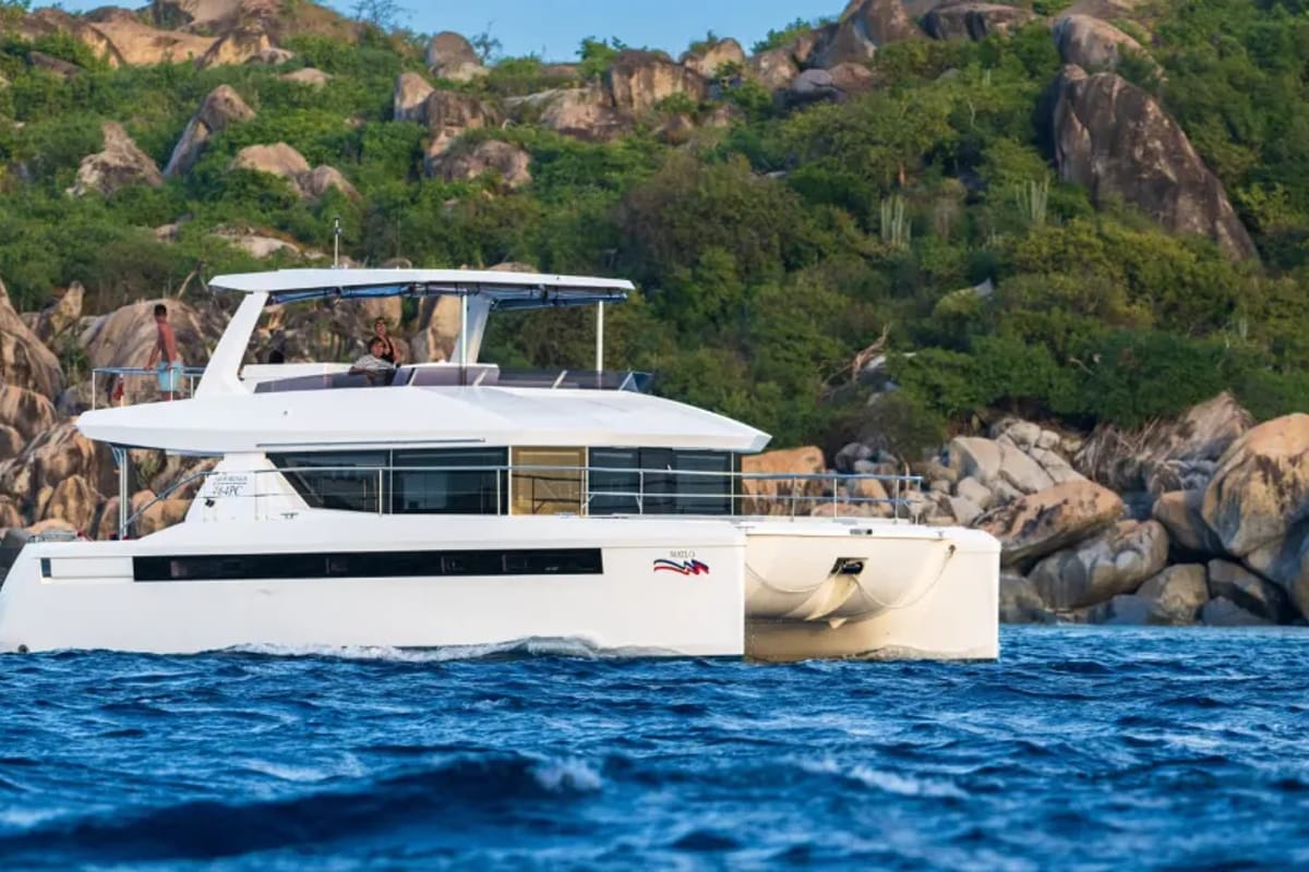 Exterior view of Moorings 464PC/10 Club, a Leopard 46PC catamaran at Road Town, British Virgin Islands
