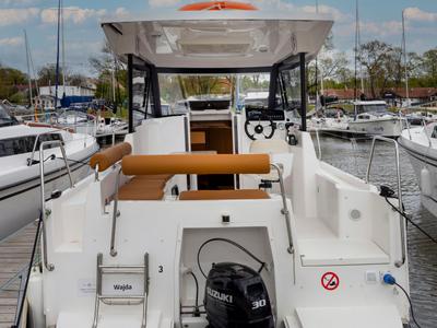 Deck of Bareja, a Northman Nexus Revo 870 Prestige motorboat at Sztynort, Poland
