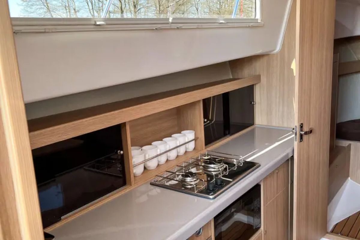 Galley of Bareja, a Northman Nexus Revo 870 Prestige motorboat at Sztynort, Poland