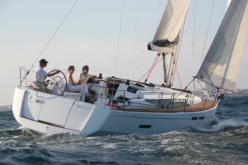 Exterior view of Eternity, a Jeanneau Sun Odyssey 409 sailboat at Municipal Unit of Lefkada, Greece