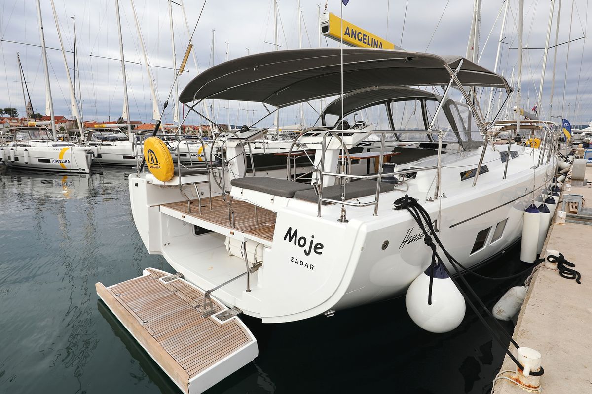 Exterior view of Moje, a Hanse Yachts Hanse 548 sailboat at Grad Trogir, Croatia
