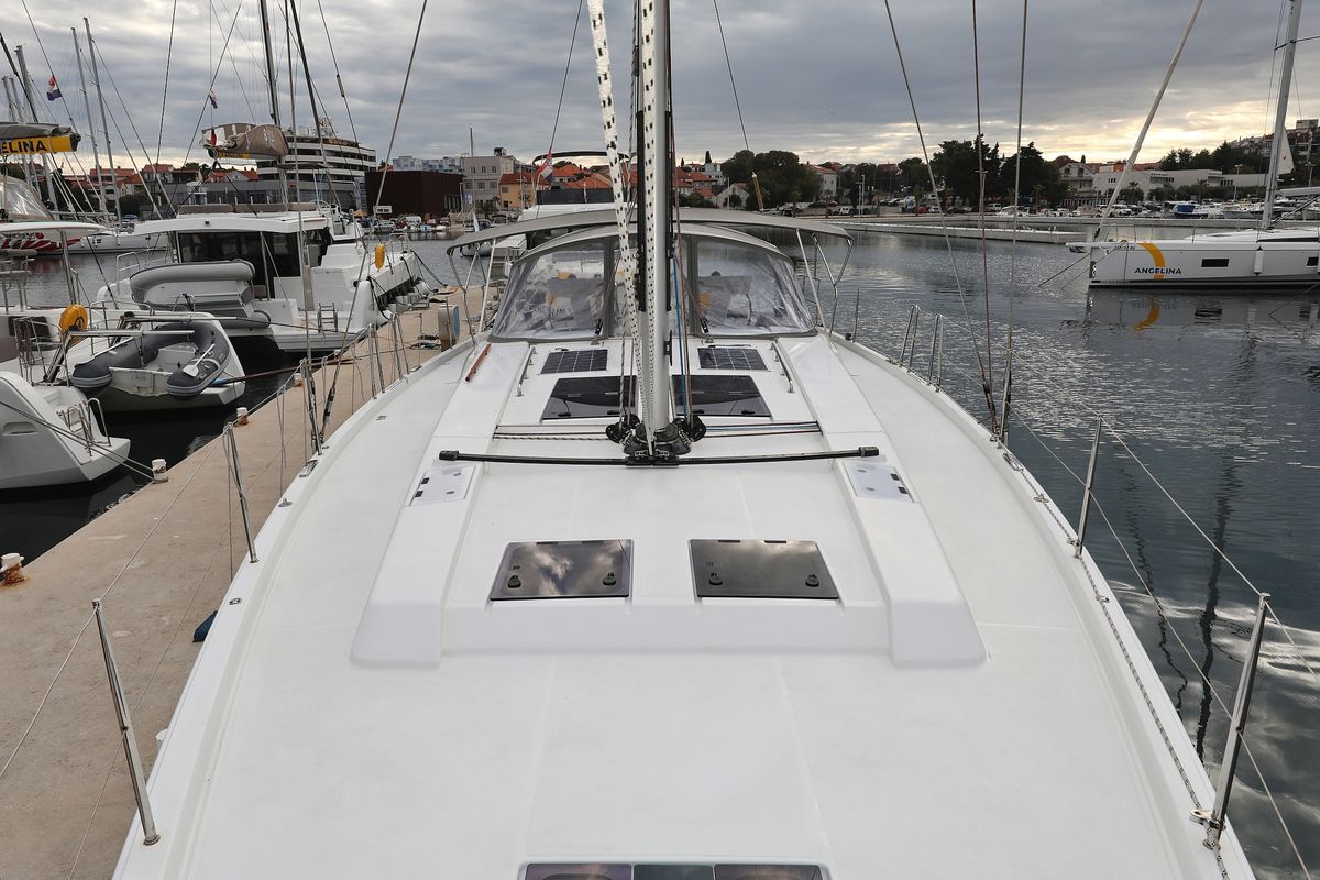 Deck of Moje, a Hanse Yachts Hanse 548 sailboat at Grad Trogir, Croatia
