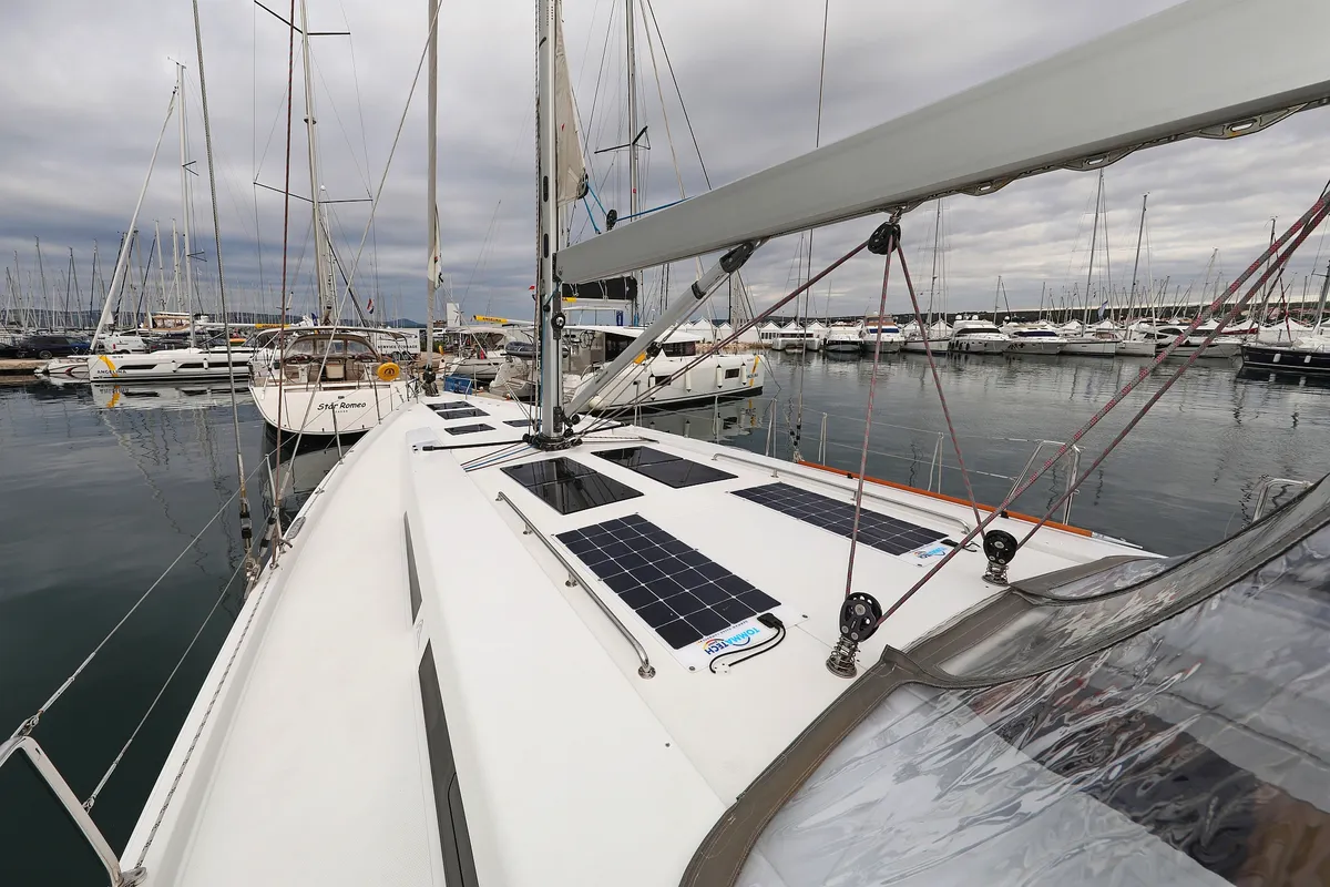 Deck of Moje, a Hanse Yachts Hanse 548 sailboat at Grad Trogir, Croatia