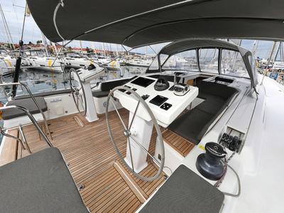 Cockpit of Moje, a Hanse Yachts Hanse 548 sailboat at Grad Trogir, Croatia