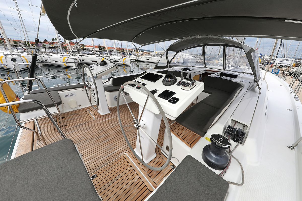 Cockpit of Moje, a Hanse Yachts Hanse 548 sailboat at Grad Trogir, Croatia