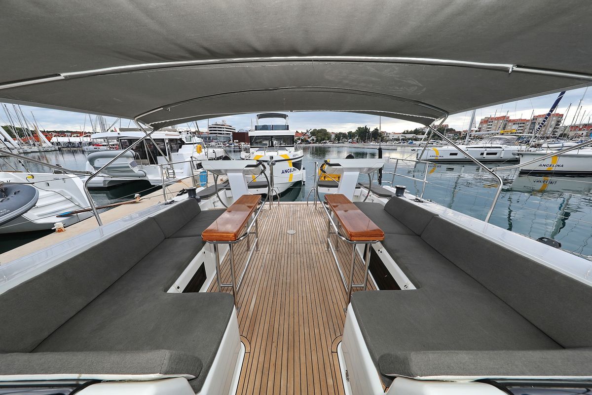 Deck of Moje, a Hanse Yachts Hanse 548 sailboat at Grad Trogir, Croatia
