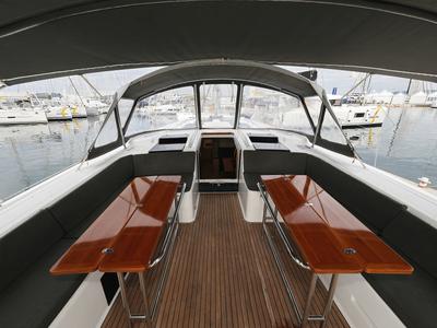 Deck of Moje, a Hanse Yachts Hanse 548 sailboat at Grad Trogir, Croatia