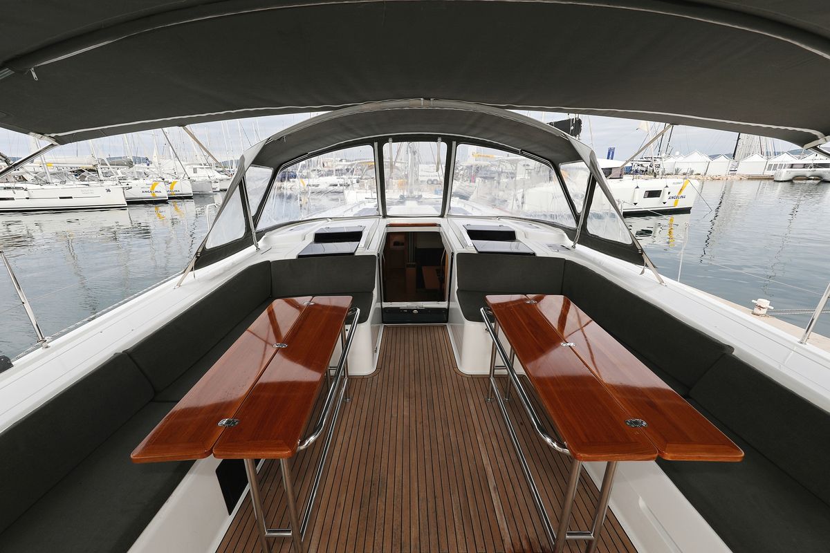 Deck of Moje, a Hanse Yachts Hanse 548 sailboat at Grad Trogir, Croatia