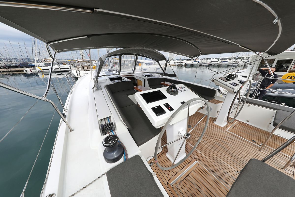 Cockpit of Moje, a Hanse Yachts Hanse 548 sailboat at Grad Trogir, Croatia