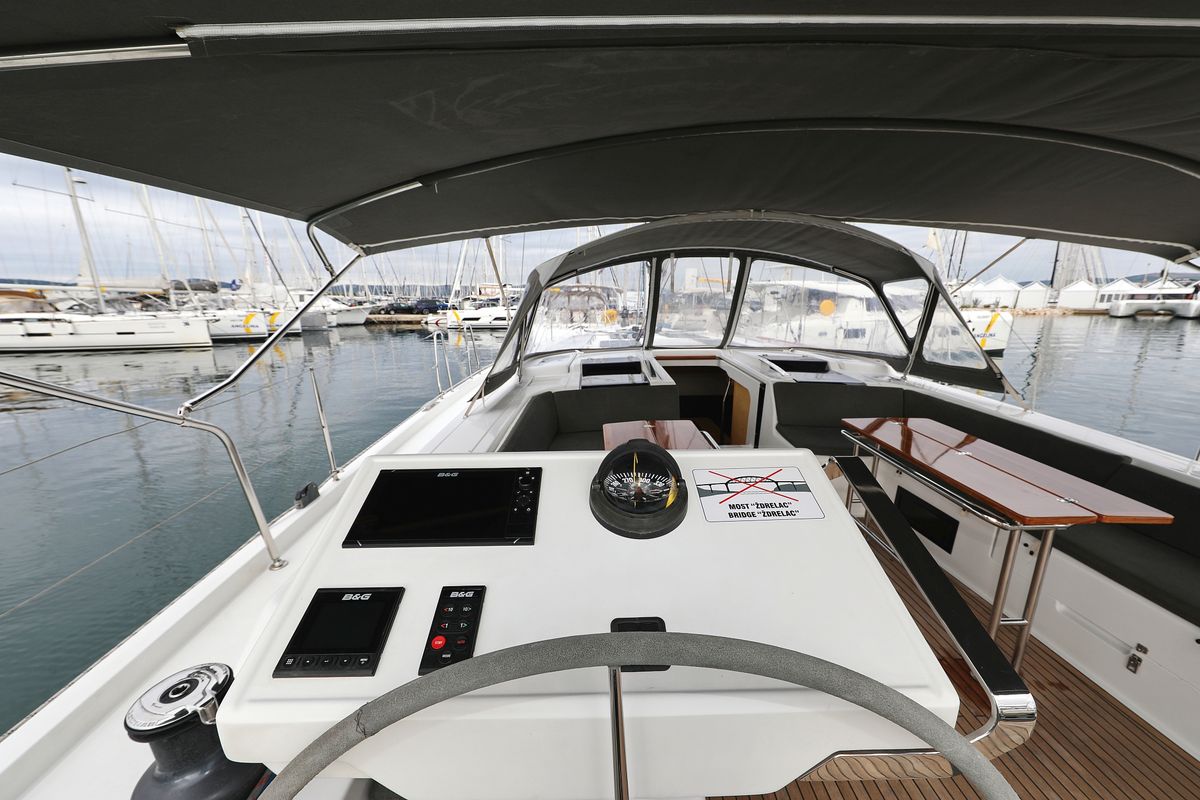 Cockpit of Moje, a Hanse Yachts Hanse 548 sailboat at Grad Trogir, Croatia