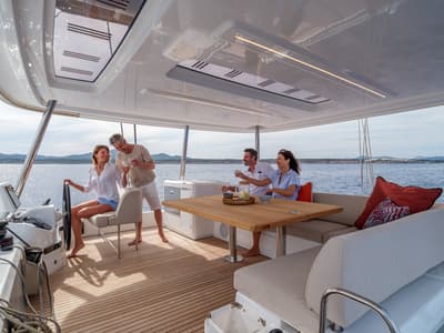 Cockpit of Adriatic Pearl, a Lagoon 55 catamaran at Grad Kaštela, Croatia