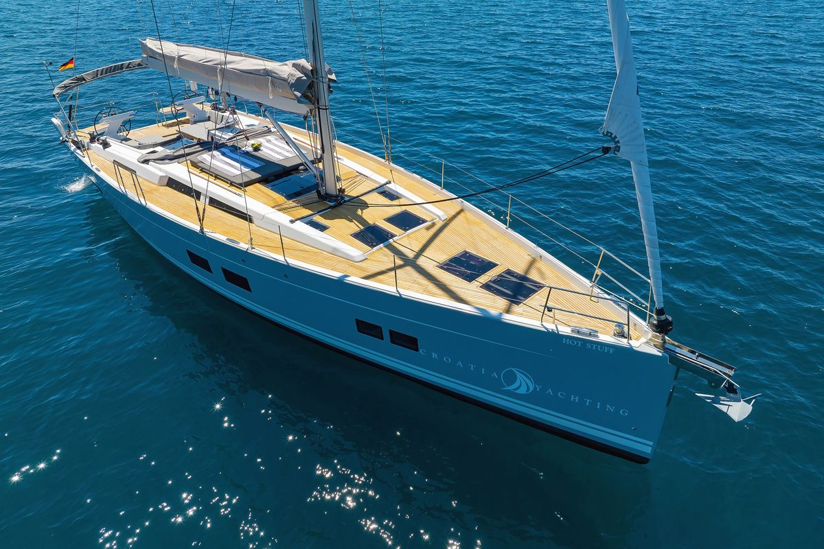 Exterior view of Hot Stuff, a Hanse Yachts Hanse 588 sailboat at Grad Kaštela, Croatia