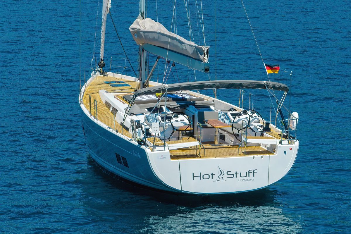 Exterior view of Hot Stuff, a Hanse Yachts Hanse 588 sailboat at Grad Kaštela, Croatia