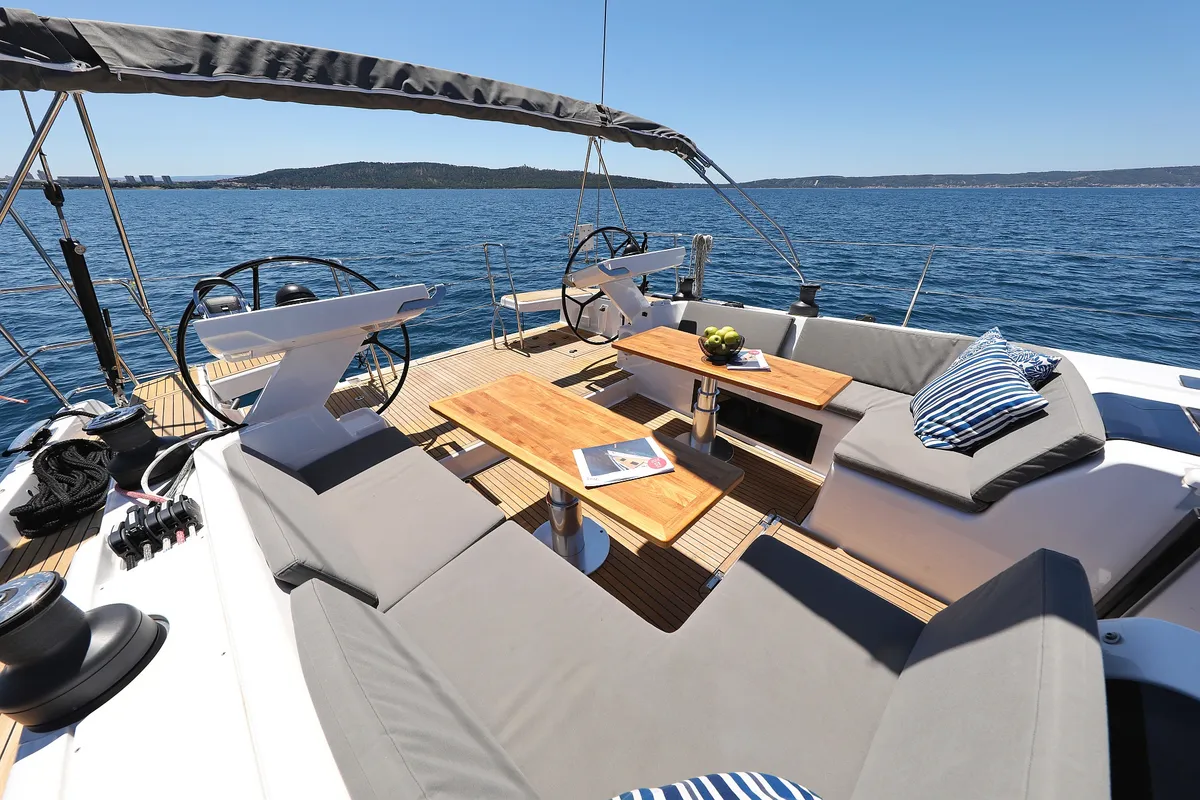 Deck of Hot Stuff, a Hanse Yachts Hanse 588 sailboat at Grad Kaštela, Croatia