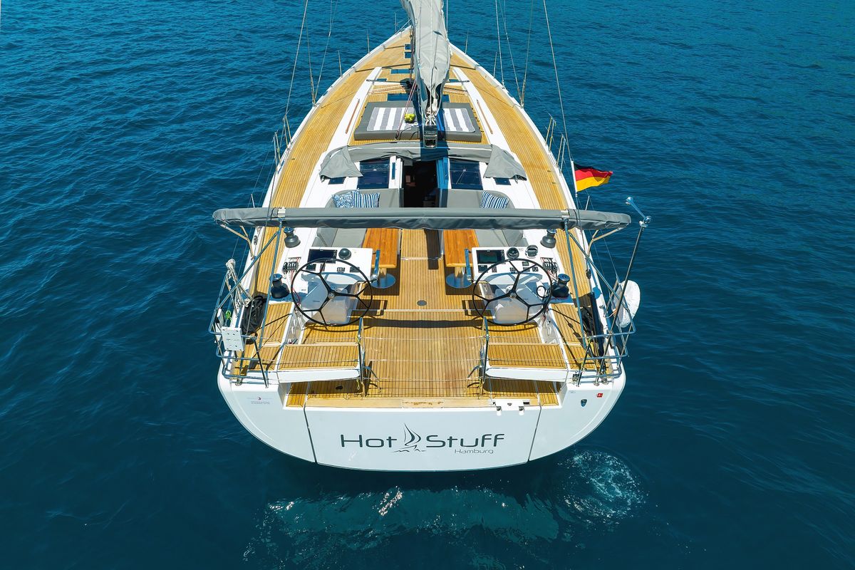 Exterior view of Hot Stuff, a Hanse Yachts Hanse 588 sailboat at Grad Kaštela, Croatia