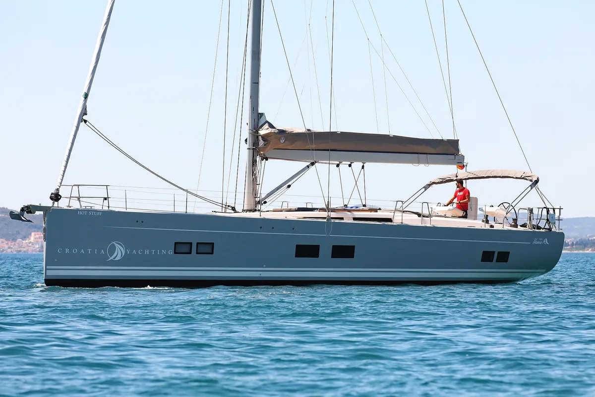 Exterior view of Hot Stuff, a Hanse Yachts Hanse 588 sailboat at Grad Kaštela, Croatia