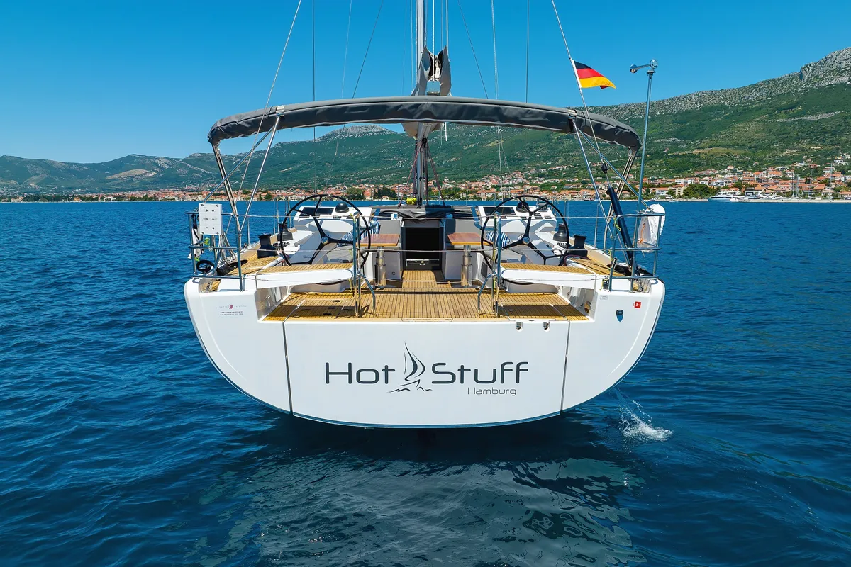 Exterior view of Hot Stuff, a Hanse Yachts Hanse 588 sailboat at Grad Kaštela, Croatia