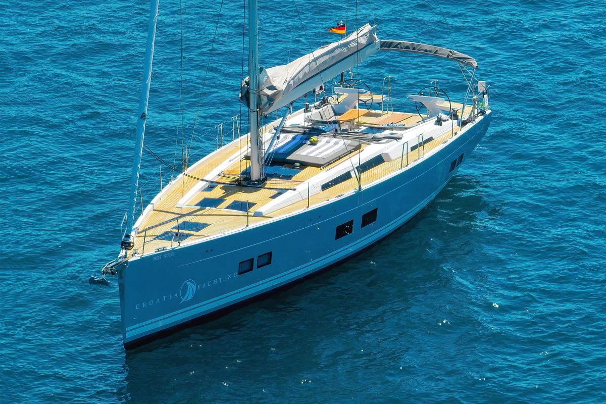Exterior view of Hot Stuff, a Hanse Yachts Hanse 588 sailboat at Grad Kaštela, Croatia