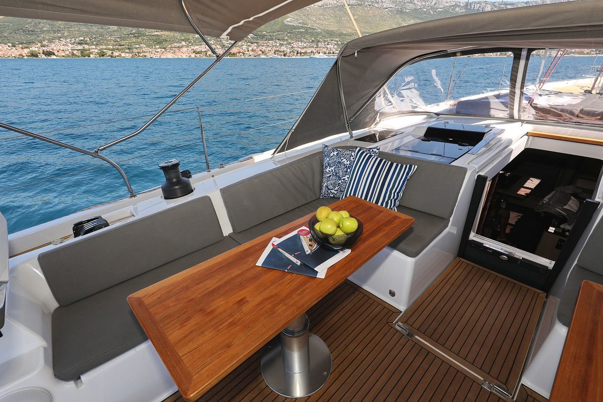 Cockpit of Hot Stuff, a Hanse Yachts Hanse 588 sailboat at Grad Kaštela, Croatia