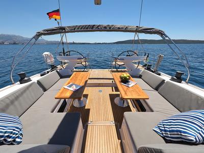Cockpit of Hot Stuff, a Hanse Yachts Hanse 588 sailboat at Grad Kaštela, Croatia