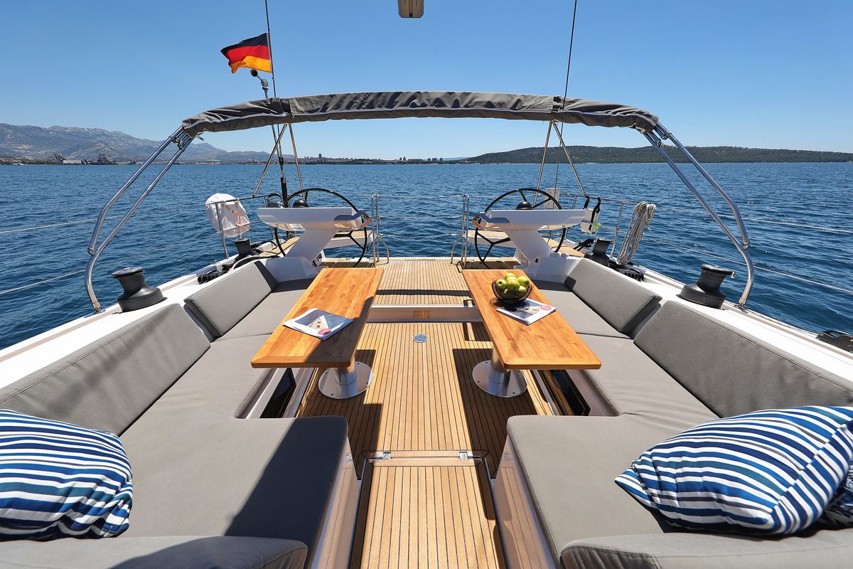 Cockpit of Hot Stuff, a Hanse Yachts Hanse 588 sailboat at Grad Kaštela, Croatia