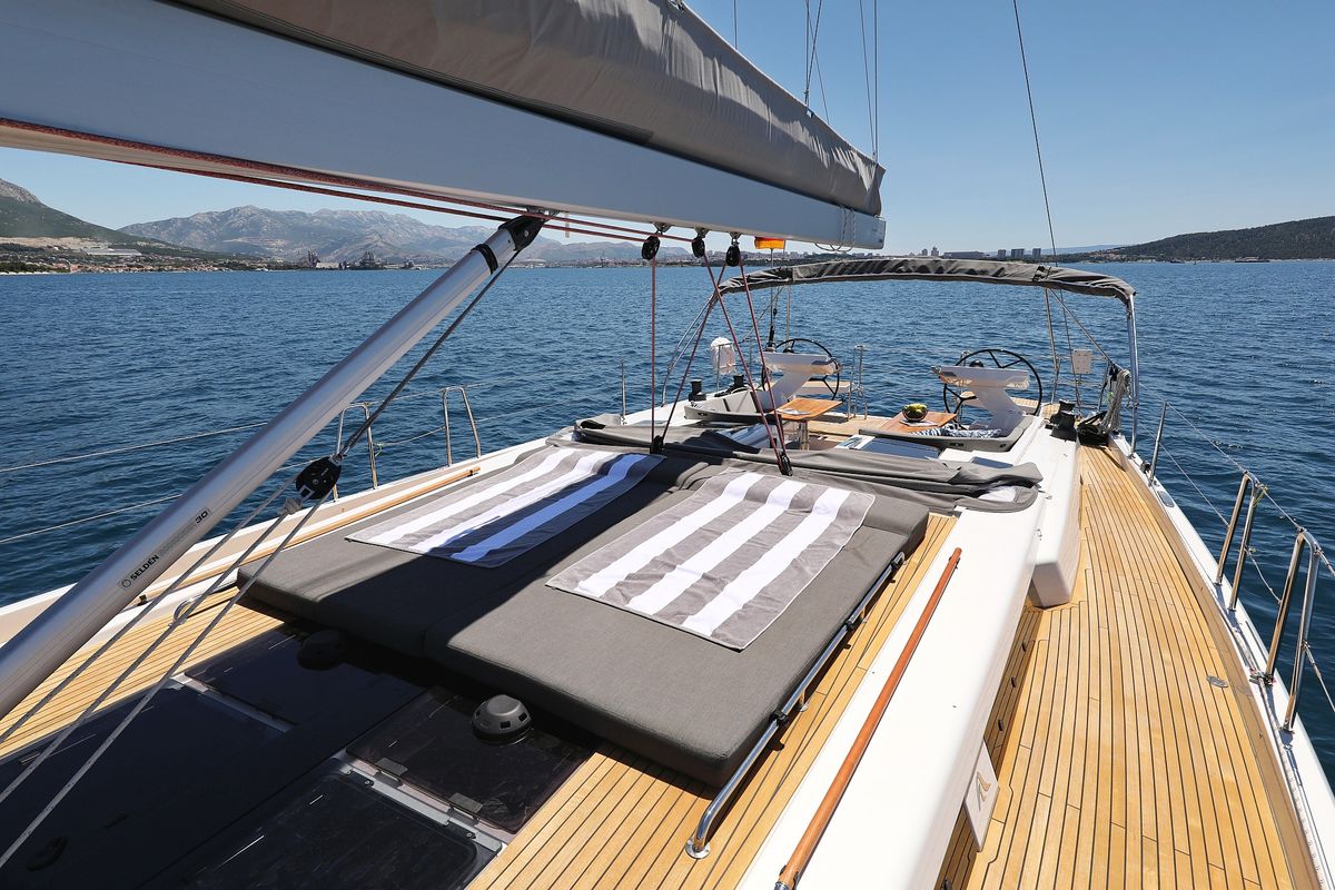 Deck of Hot Stuff, a Hanse Yachts Hanse 588 sailboat at Grad Kaštela, Croatia