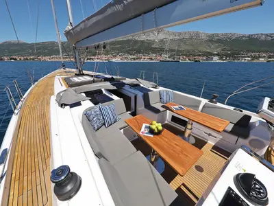 Deck of Hot Stuff, a Hanse Yachts Hanse 588 sailboat at Grad Kaštela, Croatia