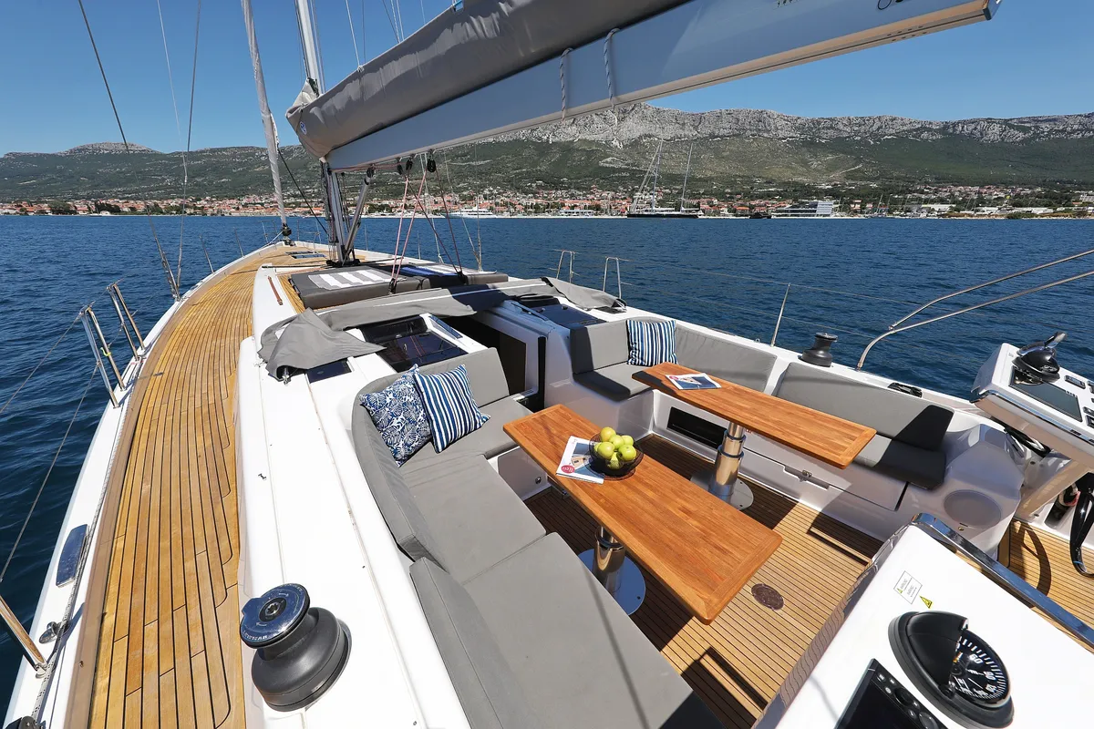 Deck of Hot Stuff, a Hanse Yachts Hanse 588 sailboat at Grad Kaštela, Croatia