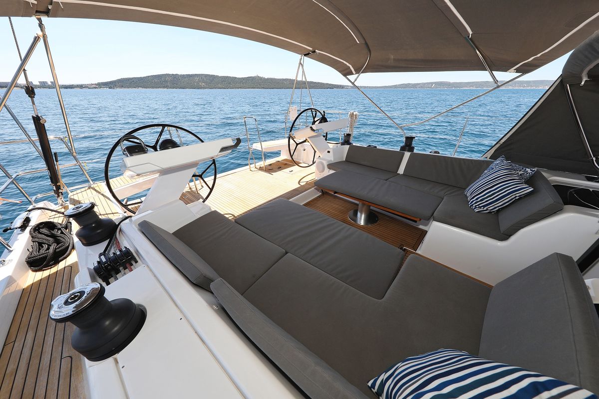 Cockpit of Hot Stuff, a Hanse Yachts Hanse 588 sailboat at Grad Kaštela, Croatia