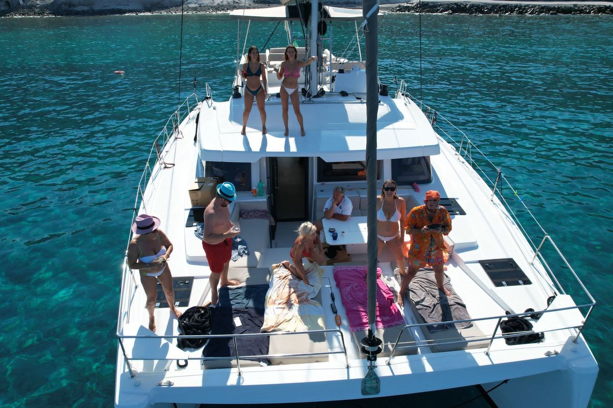 Deck of Migaloo, a Bali 4.6 catamaran at Capo d'Orlando, Italy