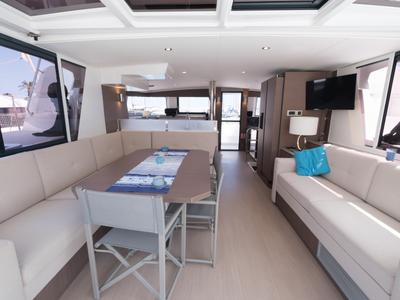 Salon of Migaloo, a Bali 4.6 catamaran at Capo d'Orlando, Italy