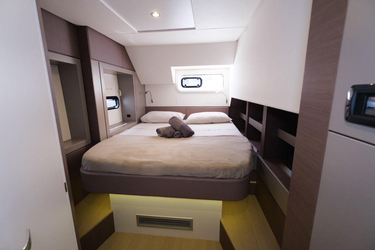 Cabin on Migaloo, a Bali 4.6 catamaran at Capo d'Orlando, Italy