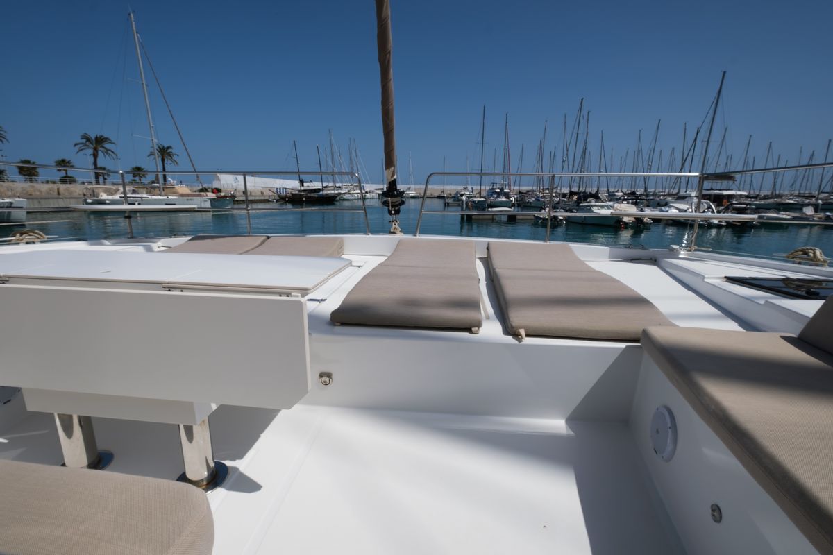 Deck of Migaloo, a Bali 4.6 catamaran at Capo d'Orlando, Italy