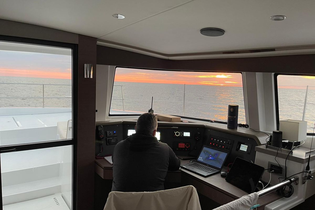 Cockpit of Migaloo, a Bali 4.6 catamaran at Capo d'Orlando, Italy