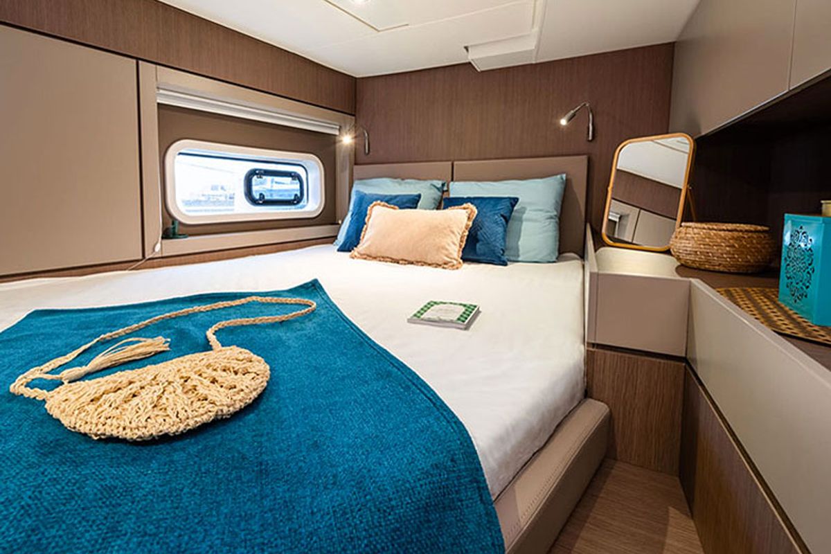 Cabin on Migaloo, a Bali 4.6 catamaran at Capo d'Orlando, Italy