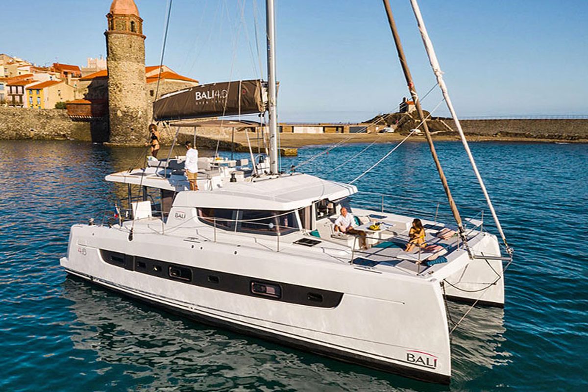 Exterior view of Migaloo, a Bali 4.6 catamaran at Capo d'Orlando, Italy