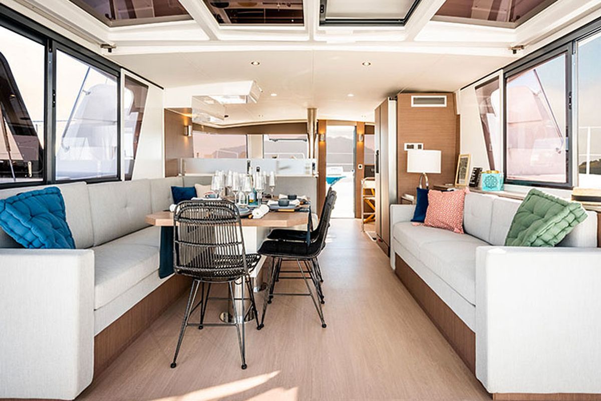 Salon of Migaloo, a Bali 4.6 catamaran at Capo d'Orlando, Italy